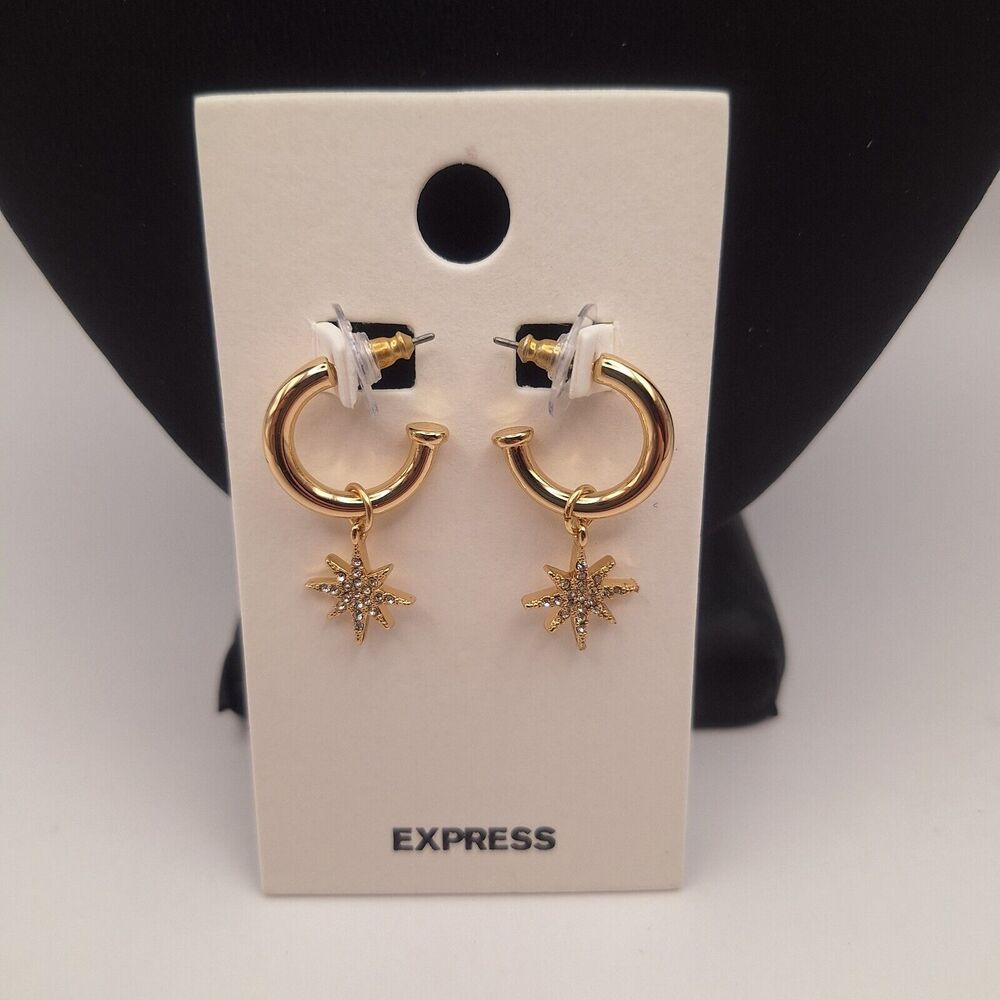 NWT Express gold tone crystal charm star open hoop earrings